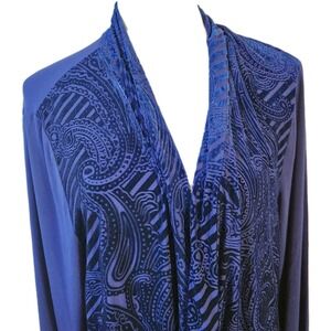 Susan Graver Womens XL Printed Velvet Burnout Open Front Cardigan Blue Boho Top‎